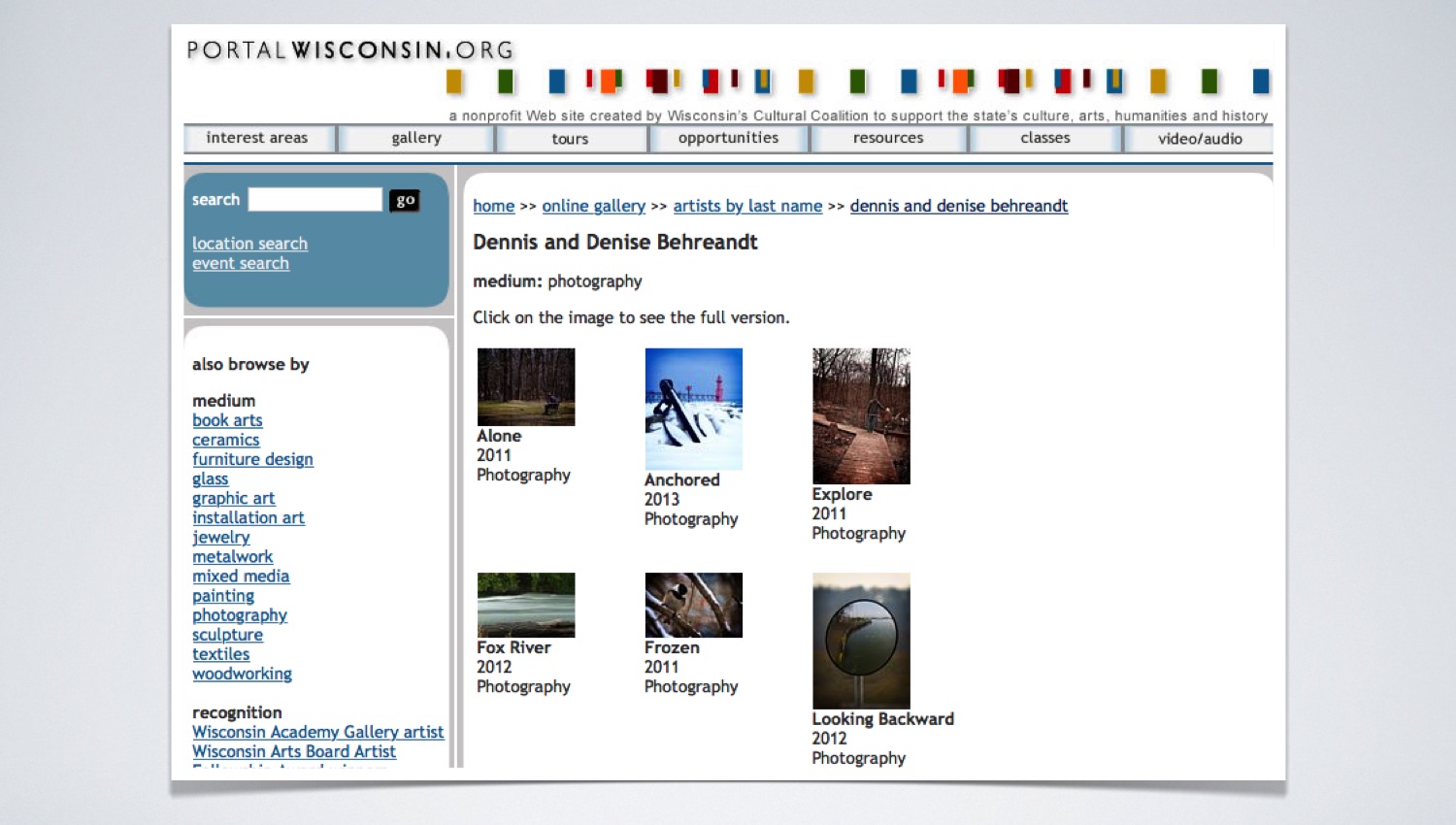 Screen  shot of PortalWisconsin.com listing for Behreandt Visuals.